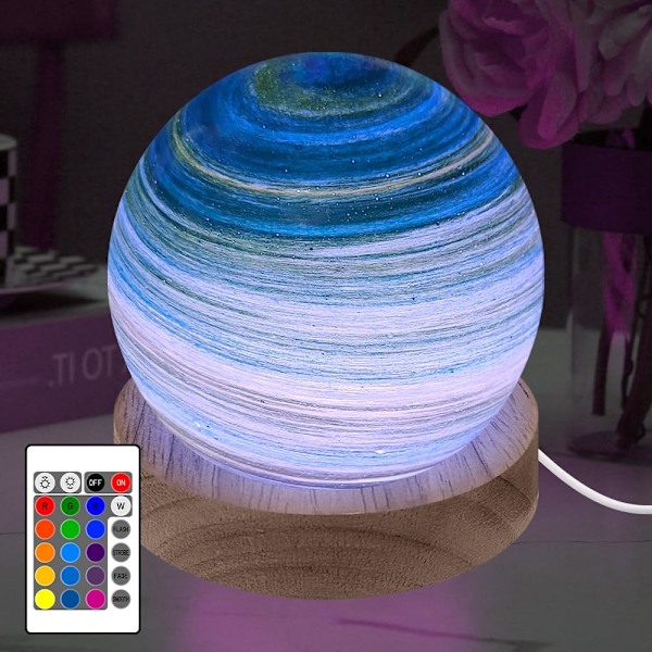 RGB 16-Farve Planet Glas Kugle Natlampe, Dæmpbar USB Astronomisk Lampe med Fjernbetjening (8cm)