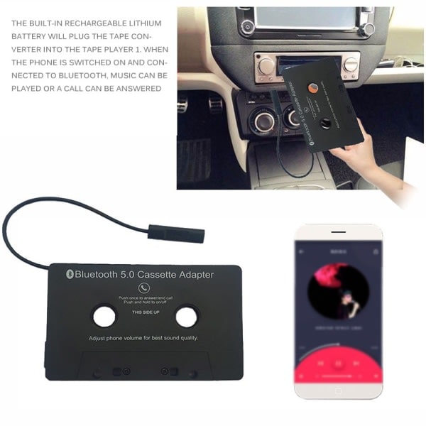 REMAKE Auton Bluetooth-kasettisoitin, kasettisoitin, Bluetooth 5.0 -kasettisovitin, musta