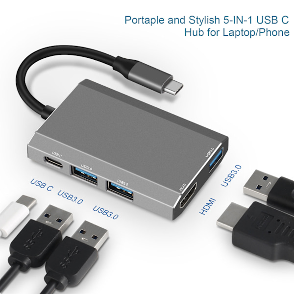 5-in-1 Type-C -keskitinadapteri HDMI:llä, USB 3.0:lla ja USB-C PD:llä