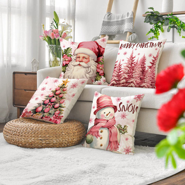 4-pack rosa örngott, julörngott, 45 x 45 cm, dekorativa julkuddar med vinterflingor för juldekoration