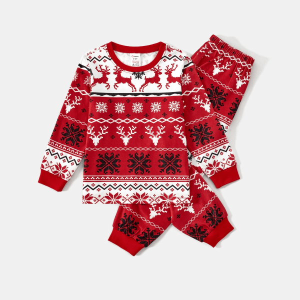 Julpyjamas för familjen med renar och snöflingor, långärmade, röda (flamsäkra) Röd Dam S