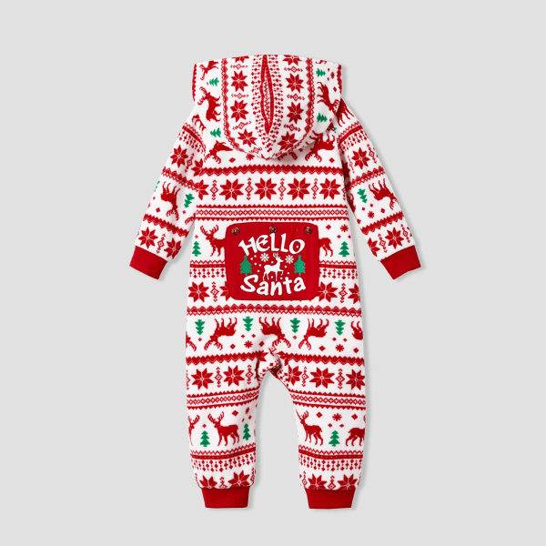 Julefamiliens Matchende Festivaltema Allover Print Langærmet Fleece Hooded Onesies Pyjamas (Flammehæmmende) Rød Baby12-18M