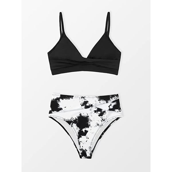 Naisten ristikkäinen bustier-bikinin yläosa ja korkeavyötäröiset alusvaatteet, mustavalkoinen, koko L