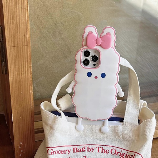 iPhone 13 Pro Max Pupukotelo Kawaii Puhelinkotelo, Söpö 3D Sarjakuva Valkoinen Kani Vaaleanpunaisella Rusetilla Pehmeä Silikoni Iskunkestävä