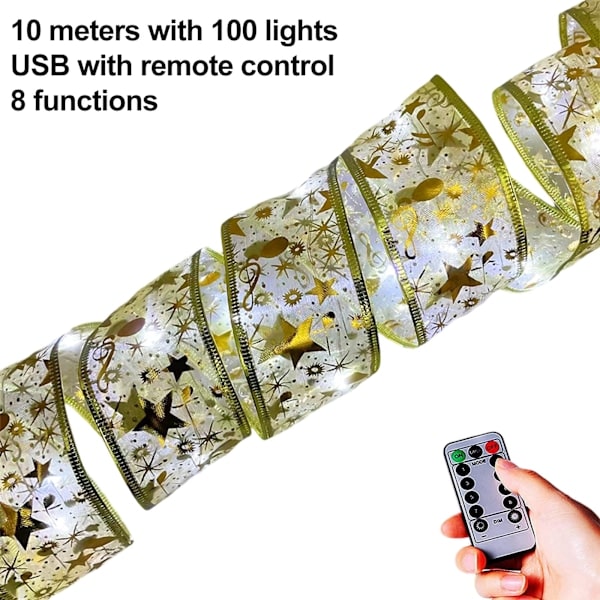 LED-joululahjanauhavalo 8 valotilan kanssa, paristo- ja USB-virralla toimiva valoketju ajastuksella joulukuusen koristeluun