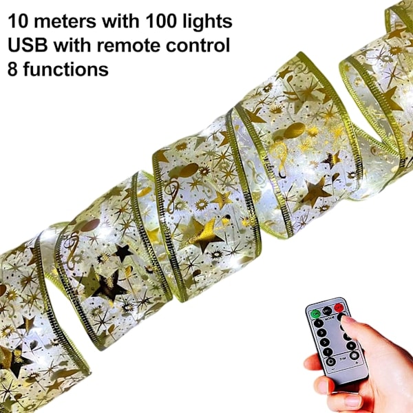 LED Julegavebåndlys med 8 Lystilstande, Batteridrevet & USB-drevet Lysstreng med Timer til Juletræspynt
