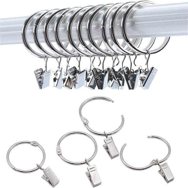 Öppningsbara gardinringar med klämmor, gardinhängare 20-pack Silver