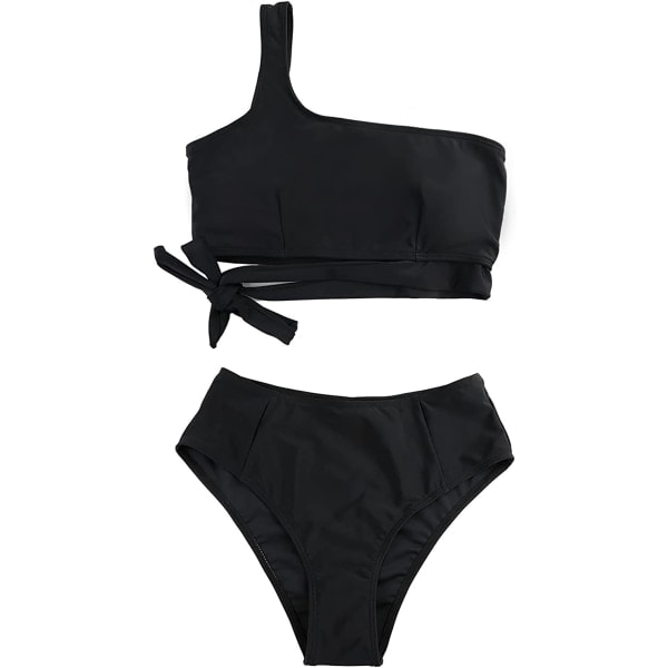 2-delt bikini med høj talje og en skulder design Sort M