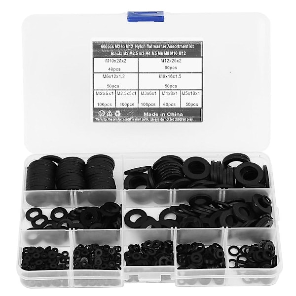 600 pcs black nylon washers in various sizes - M2 M2.5 M3 M4 M5 M6 M8 M10 M12