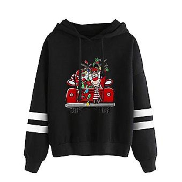 Dame Hoodie med Julemønster, Dobbelt Farveblokering, Langærmet, Hætte (S Sort)