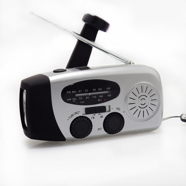 Veivradio med solcelle, lommelykt og 2000mAh Powerbank Rød SOS (Sølv)