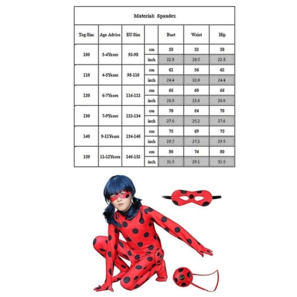 6-delt Ladybug Cosplay-kostyme for barn - Halloweenfestdrakt - Jumpsuit 160 (150-160 cm)