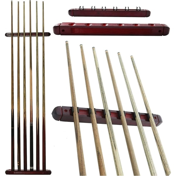 6 Pool Cue Stativer, Træ Pool Cue Stativ Væghængt Pool Cue Stativ Pool Cue Holder med 6 Cue Clips til Poolbarer, Køer og Poolspillere