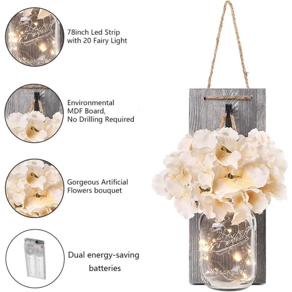 Rustik Mason Jar-fairylampor, Silkeshydrangeor och LED-fairylampor Design för Heminredning, Juldekoration, Väggdekoration och Trä