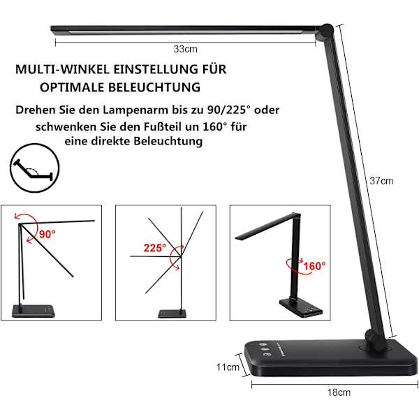 Skrivebordslampe LED dæmpbar, 5 farver og 10 lysstyrke niveauer