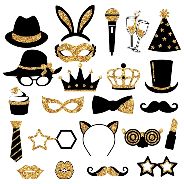 Sorte Guld Party Fotoboks Rekvisitter Dekorationer, Pakke med 24 Foto Rekvisitter med Pinde til Fødselsdag Prom Nytår Halloween
