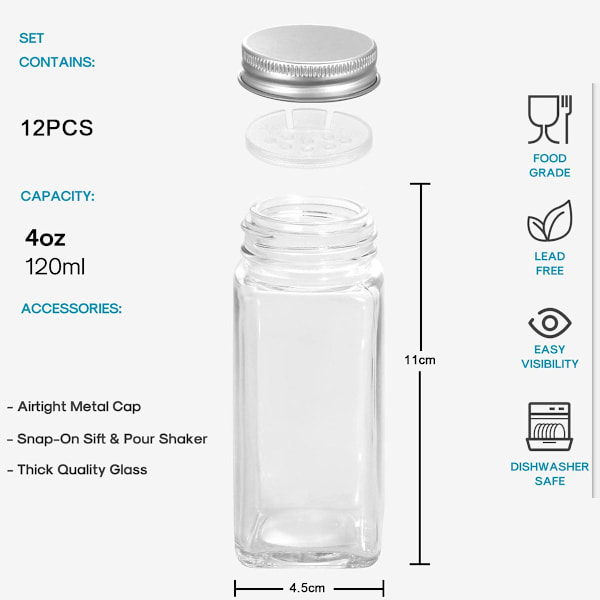 12 krydderidåser, 120 ml firkantede krydderidåser, transparente krydderidåser
