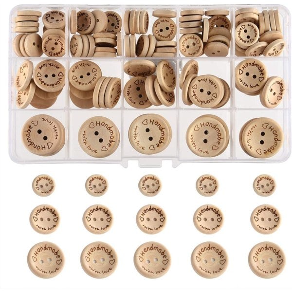 REMAKE 150 kpl Puupnappeja Sekoitettuja Kokoja Luonnonpuuta Pyöreät Napit Ompelemaan Käsitöihin Koristeluun 15mm 20mm 25mm