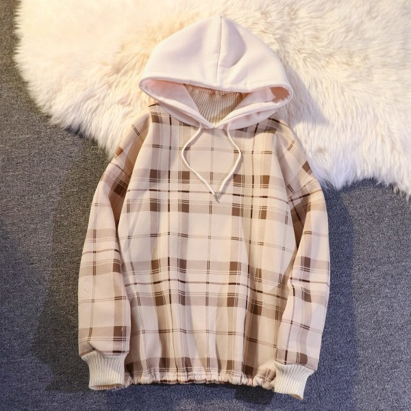 Dame Harajuku Plaid Hoodie, Faux To-delt, Fleece, Ruskind, Sjal Aprikos L