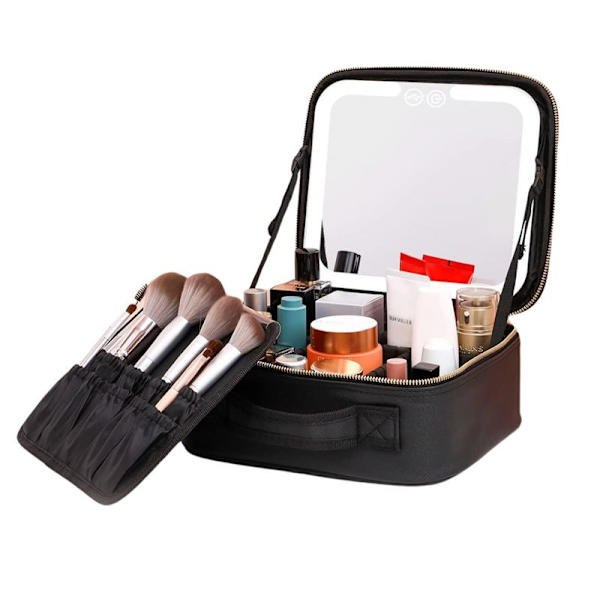 REMAKE UNIQ Makeuptaske, toilettaske med LED-spejl - Elegant og praktisk kosmetikktaske til rejse og hjemmebrug - Sort