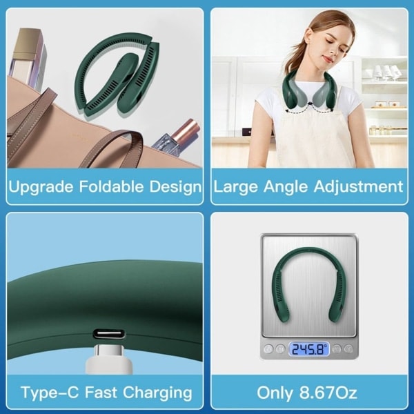 Bærbar nakkeventilator 360 grader, USB-drevet miniventilator for utendørs bruk