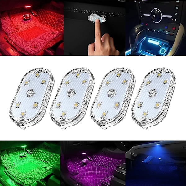 4 stk. LED-lys til bilinteriør, trådløse, USB-genopladelige, magnetiske, nem installation (