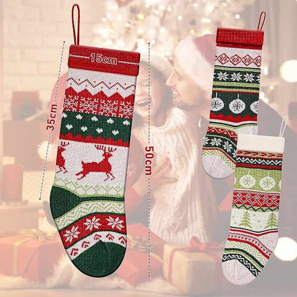 Stor Stickad Julstrumpa Set om 3, Stora Rustika Julstrumpor för Familjens Semesterdekorationer 50 * 15 CM