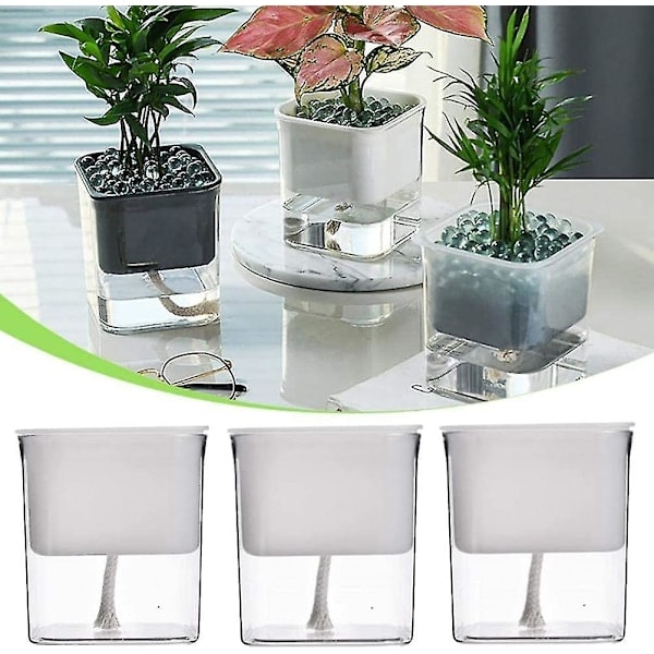 Set med 3 självvattnande plastblomkrukor med absorberande bomullssträng (2 vita + 1 svart)