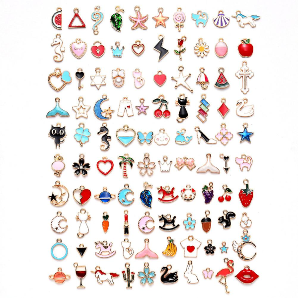 REMAKE 100 st Blandade Sortiment Guldförgyllda Emalj Djur Frukt Måne Stjärna Delikat Hängande Charm Berlock för DIY Smyckestillverkning Halsband...