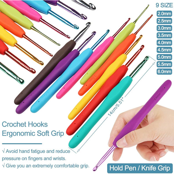 Hæklet Starter Kit til Begyndere Voksne, Inkluderer Metal Hæklenåle 0,6 mm til 6 mm, Kaktus Etui Strikkesæt med Uld og Nåle