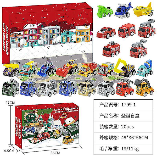 Julekalender, Adventskalender til Børn med 24 Dages Nedtælling Træk-Tilbage Biler Legetøj Jule-Nedtællingskalender Blind Box Gave til Børn Dreng
