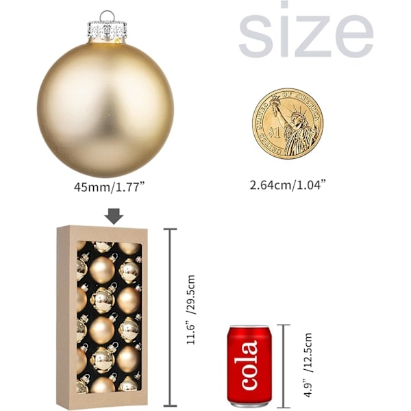18 stk. 1,8 tommer (45 mm) juletræskugler til julepynt, glas