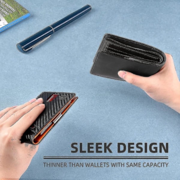 REMAKE Slim Plånbok för Män Stor Kapacitet 12 Fack RFID-Blockering Kolfiber Svart + Orange Hk