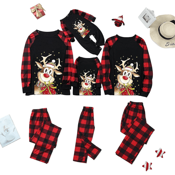 Matchande Familjepjysar Julpyjamas Långärmad & Santa-Rutiga Byxor Loungewear Semestersovkläder CMK
