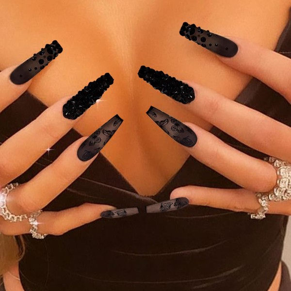 Trykte Lange Kistefalske Negle Sorte Falske Negle Med 3D Rhinestone Butterfly Design Mat Fuld Dækning Lim På Negle Til Kvinder