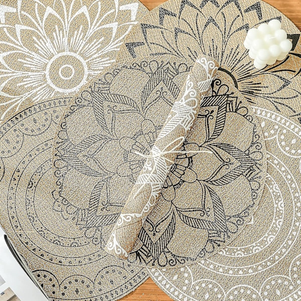 Boho PVC pyöreät tabletit ruokapöydälle, 6 kpl, Mandala-tabletit, pestävät, lämmönkestävät, juutti retro pöytäkoriste(et)