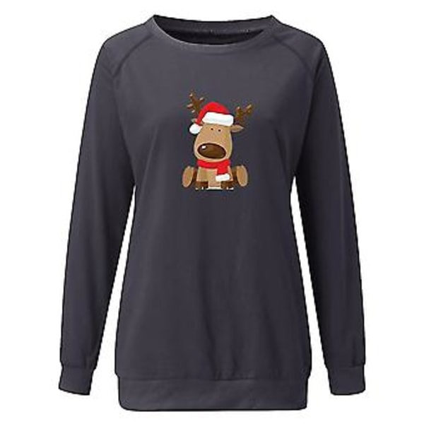 Julekjole til kvinder Langærmet T-shirt Jule Sød Elg Print Top Bluser M Grå
