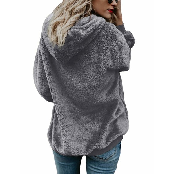 Dame Hoodie Teddy Fleece Trøje Efterår Vinter Mørkegrå XL