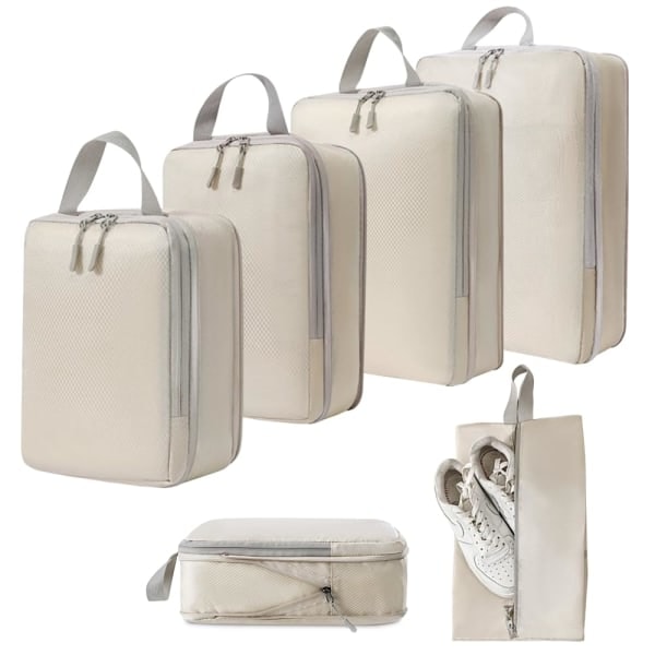 REMAKE Resväska Organiseringsset med Kompressionspåsar - 6-delars Packningskuber Kompressionsväska Organiserare, Packningskuber Resa Organiseringsset beige