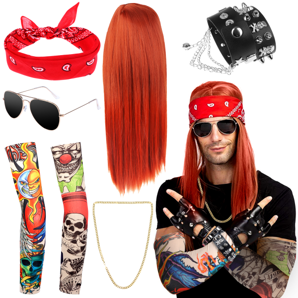 REMAKE Pack Rocker Fancy Dress Accessories 70-luku 80-luku 90-luku Kostyymi Peruukki R Musta