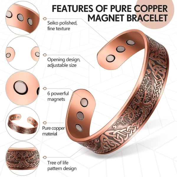REMAKE Kobber Magnetisk Armbånd Til Mænd Kvinder Kobber Armbånd Solid Manschet Armbånd Med 6 Magneter Rød Kobber Magnet Energi Armbånd Justerbar Størrelse...