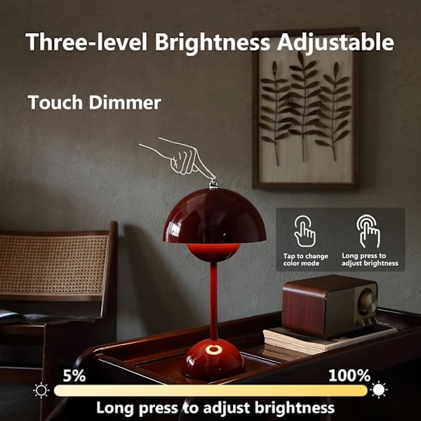 Led-bordlampe i blomsterpotteform, 1800mAh batteri bordlampe, bærbar utelampe, liten oppladbar lampe (rød)