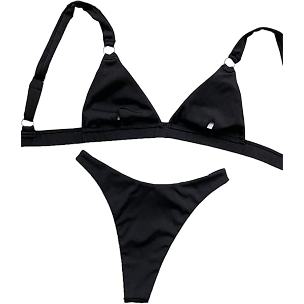 Push-Up Bikinisett med Ring-Snøring & Trekant Topp Svart L