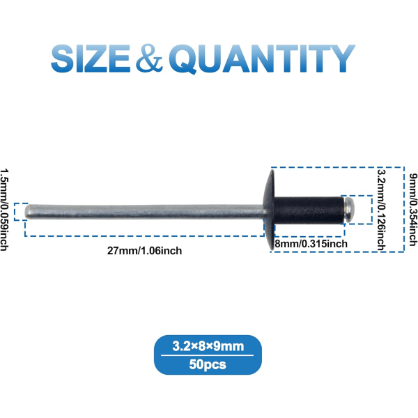 50 stk Store Flange Aluminium Blindnitter 3,2 mm x 8 mm Pakke med 50 (Sort)