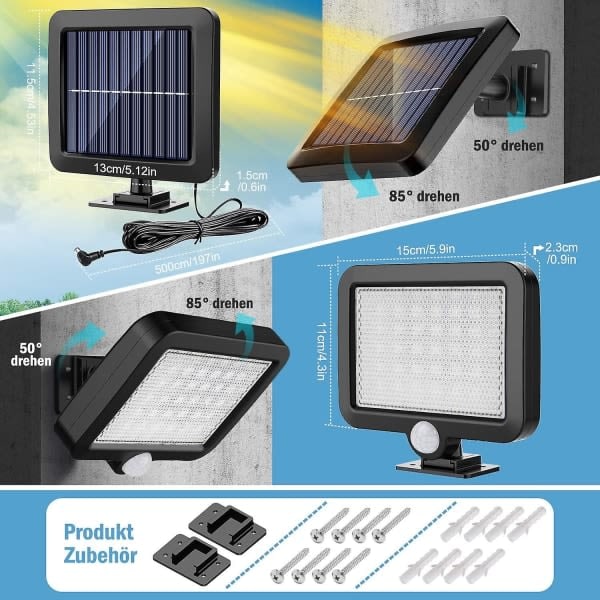 REMAKE 2-pakks LED solcellelamper utendørs med bevegelsessensor, IP65 vanntett, 120° lysvinkel, solcellevegglampe for hagen