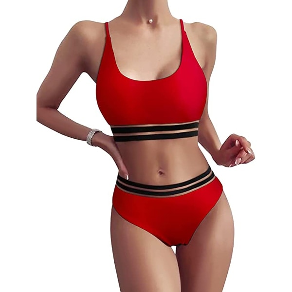 Push-up bikini med mesh-innsats & høy midje Rød L