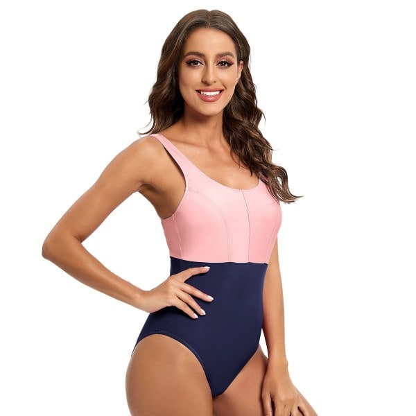 Enkeldelad bikini med triangeldesign i färgblock Rosa/Tibetansk grön XL