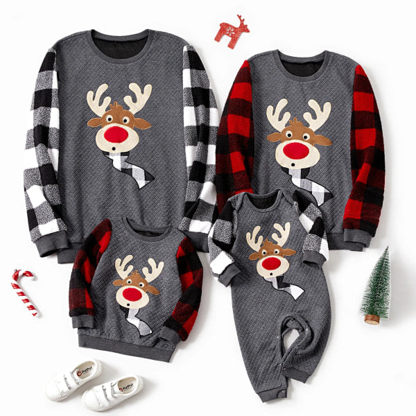 Julefamiliematchende Plaid Langærmet Splejset Ren Grafisk Struktureret Sweatshirt Mørkegrå Baby3-6M