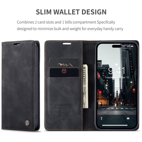 CaseMe Slim Plånboksfodral iPhone 15 Pro Svart