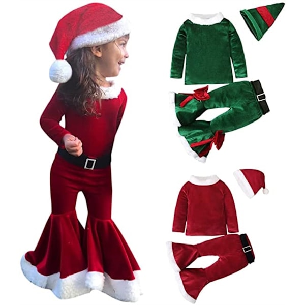 Julkläder för barn, långärmad, vida byxor, sammet, jultomte, 4-delad outfit för bebisar 2-5 år, present